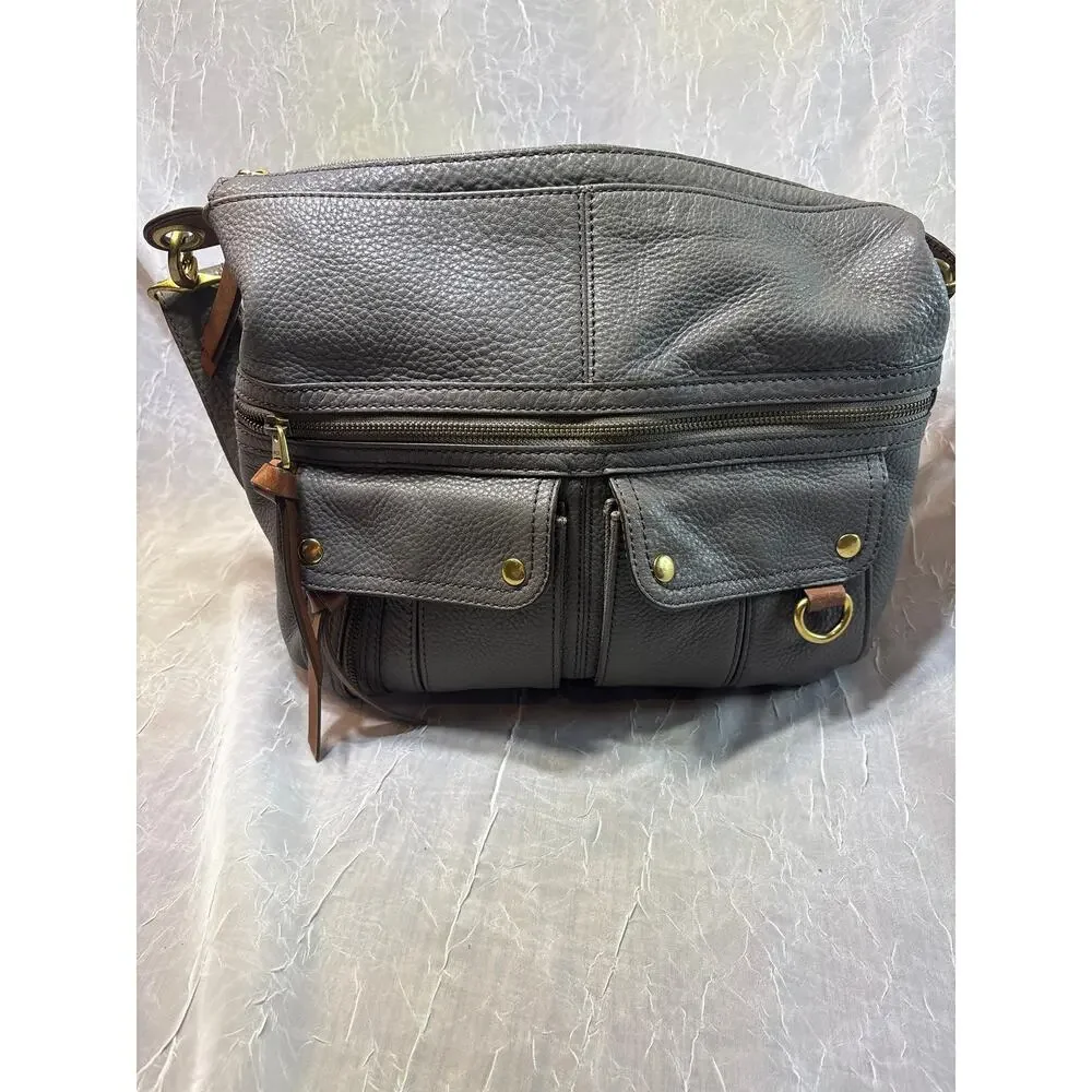 Fossil Morgan Traveler Gray Pebbled Leather Crossbody Messenger Bag
